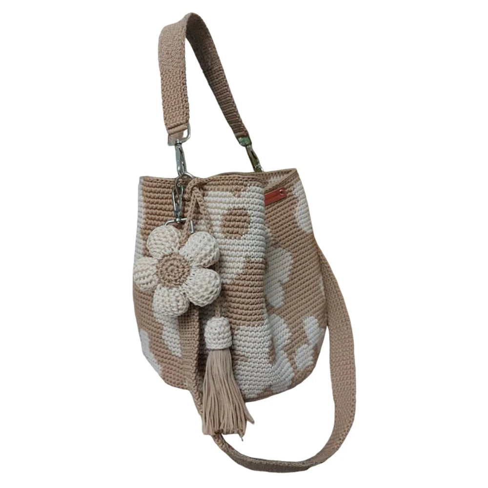 Borsa tote floreale in cotone lavorata all'uncinetto