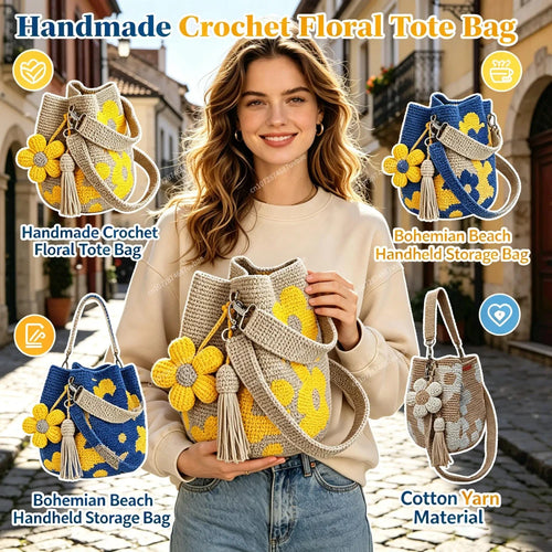 Borsa tote floreale in cotone lavorata all'uncinetto