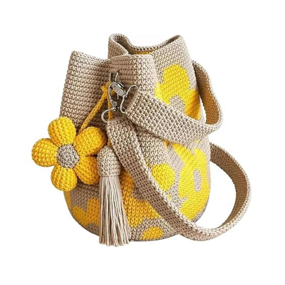 Borsa tote floreale in cotone lavorata all'uncinetto