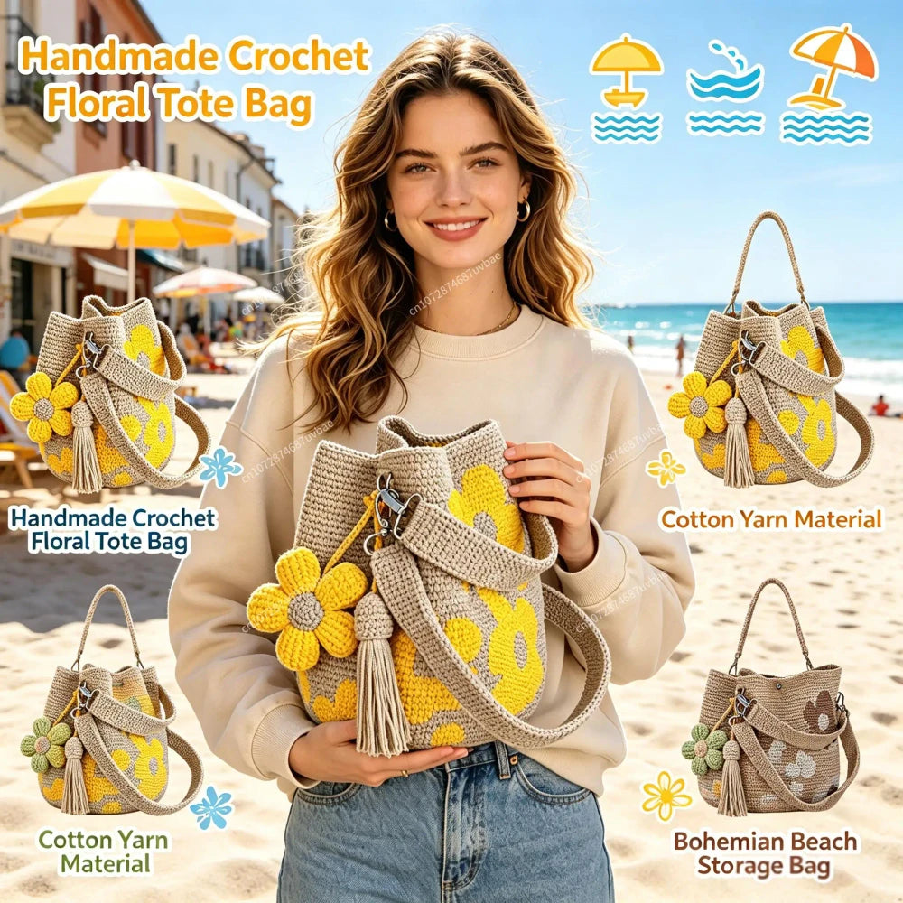 Borsa tote floreale in cotone lavorata all'uncinetto